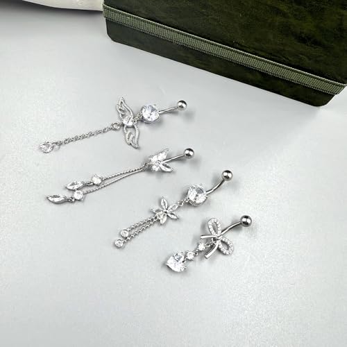 5PCS Crystal Belly Button Ring for Women Dangle Navel Belly Piercing Jewelry Cute Bow Butterfly Heart Angel wings Navel Belly Rings 14G Silver Surgical Steel Belly Button Stud - color: Silver-4pcs