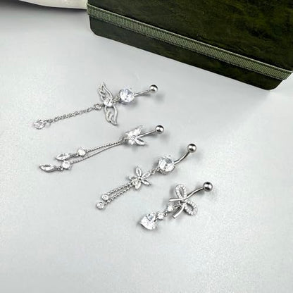 5PCS Crystal Belly Button Ring for Women Dangle Navel Belly Piercing Jewelry Cute Bow Butterfly Heart Angel wings Navel Belly Rings 14G Silver Surgical Steel Belly Button Stud - color: Silver-4pcs