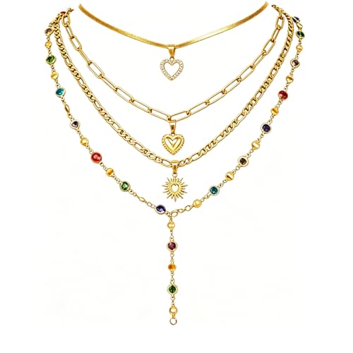 Colorful Crystal Long Necklace for Women Dainty Boho Y-Shaped Color Bead Necklaces Sparkly Rhinestone Pendant Layered Gold Long Chain Choker Good Luck Trend Jewelry Gift Jewelry - color: 4pcs-Gold