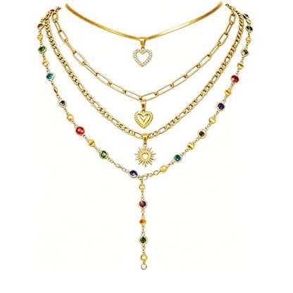 Colorful Crystal Long Necklace for Women Dainty Boho Y-Shaped Color Bead Necklaces Sparkly Rhinestone Pendant Layered Gold Long Chain Choker Good Luck Trend Jewelry Gift Jewelry - color: 4pcs-Gold