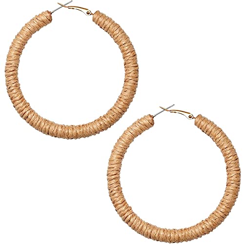 Handmade Rattan Earrings - Large Circle Braided Straw Wicker Drop Earrings - Light Weight Summer Hoops - color: I Brown