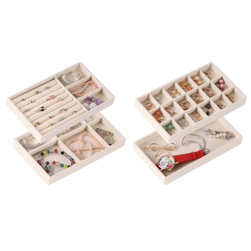 4-Set Jewelry Organizer for Drawer, Stackable Velvet Jewelry Trays with Removable Dividers, Earring and Necklace Holder for Dresser, Perfect as a Vanity Tray for Women - color: Beige Set of 4