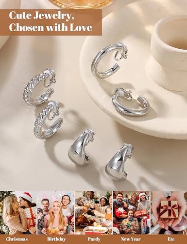 BESTEEL 3Pairs Clip on Earrings for Women Trendy Chunky Hoops Fake Earrings | Hypoallergenic 14K Gold Plated Lightweight Tube Croissant Waterdrop Clip-on Earrings Set Non Pierced Earrings Jewelry Gift - color: Silver-Stylish