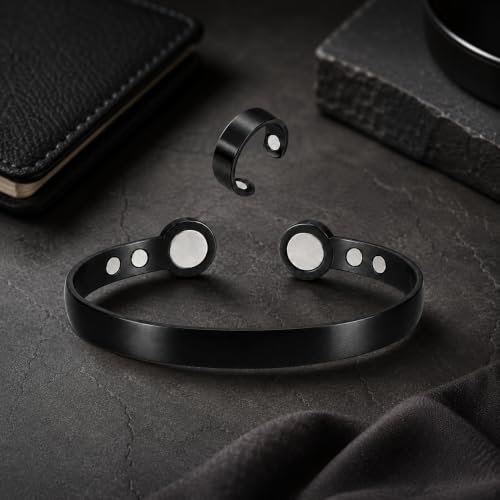 Calming Bracelet Ring Set for Women, Menopause Bracelets Adjustable Bangle Stainless Steel Cuff Climacterium Anxiety Stress Relief Energy Open Jewelry Gift - color: Black Pro + Black