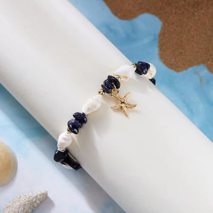 Waterproof Starfish Shell Bead Anklets Bracelets for Women Bohemian Hawaiian Beach Crushed Stone Bead Anklet Summer Mermaid Outfit Costume Jewelry Accessories - color: Blue