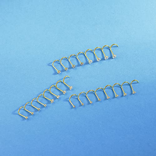 8PCS G23 Titanium Twist Screw Nose Studs 18G 20G Nose Rings 2mm 2.5mm 3mm Clear Pink Purple Aurora CZ Gold Nose Piercing Studs Nostril for Women Men - style: 20g gold clear cz 2mm