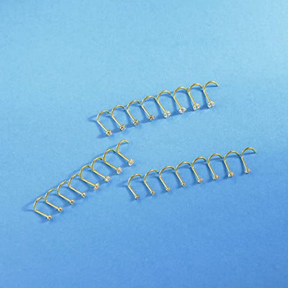 8PCS G23 Titanium Twist Screw Nose Studs 18G 20G Nose Rings 2mm 2.5mm 3mm Clear Pink Purple Aurora CZ Gold Nose Piercing Studs Nostril for Women Men - style: 20g gold clear cz 2mm