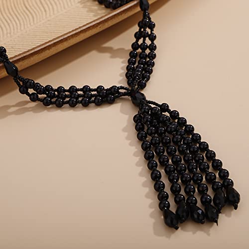 Aimimier Bohemian 3-Strand Faux Pearl Knot Beaded Necklace - color: Black