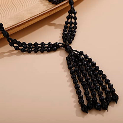 Aimimier Bohemian 3-Strand Faux Pearl Knot Beaded Necklace - color: Black