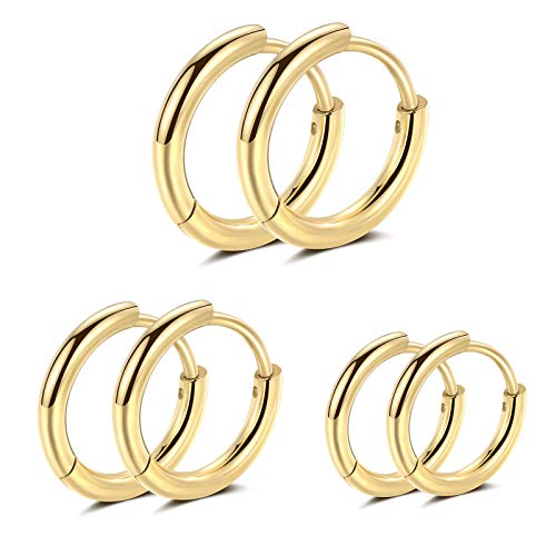 Black Hoop Earrings for Men 8mm 10mm 12mm – Surgical Stainless Steel Hypoallergenic Mens Small to Medium Hoop Earrings Set (3 Pairs) - style: D:3pairs,8mm+10mm+12mm,gold