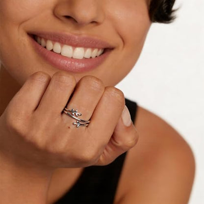 Silver Open Adjustable Stacking Rings for Women, Minimalist Wrap Band Set, Geometric/Heart/Wave/Leaf/Spiral Styles, Hypoallergenic, Gift Box Included, Thumb Ring Option - color: Leaf