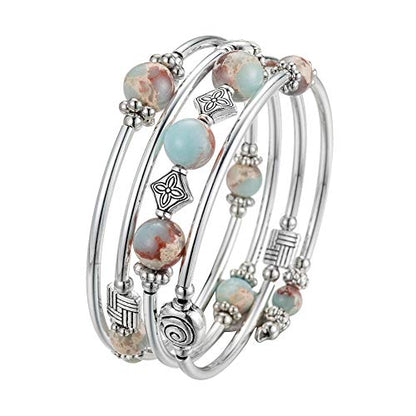 Beaded Pearl Bangle Wrap Bracelet - Fashion Bohemian Jewelry Multilayer Charm Bracelet with Thick Silver Metal Beads, Gift For Women - color: King Green