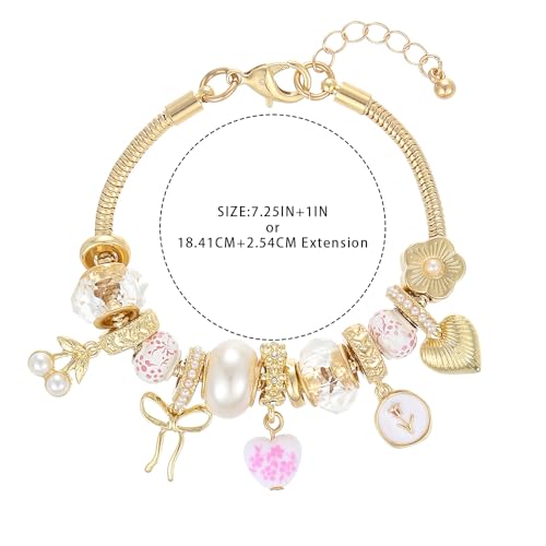 Charm Bracelet Gold Bracelets for Women Gifts | LOVE Heart Hollow Flower Bow Pink Green Square Gemstone Beaded Charm Bracelet Cute Adjustable Bracelet Jewelry - style: Pink Heart