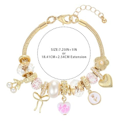Charm Bracelet Gold Bracelets for Women Gifts | LOVE Heart Hollow Flower Bow Pink Green Square Gemstone Beaded Charm Bracelet Cute Adjustable Bracelet Jewelry - style: Pink Heart