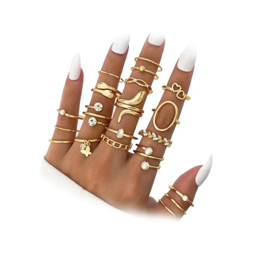 IFKM Gold Knuckle Rings Set For Women Vintage Stackable Joint Finger Midi Rings Dainty Cubic Zirconia Crystal Simple Twist Hollow Cute Rings Pack Jewelry Gift - color: Gold, style: Wheat Twist Pearl