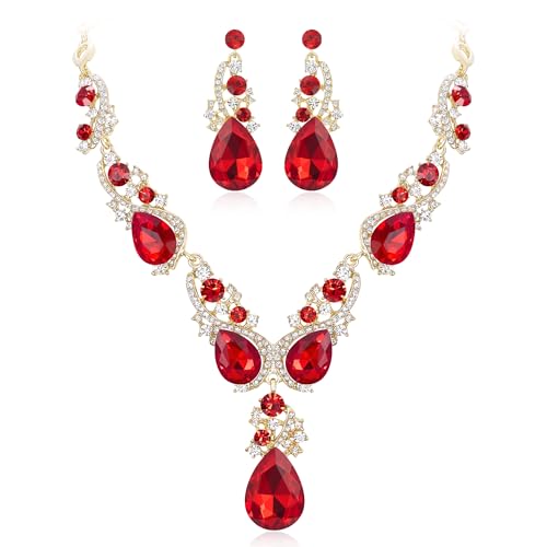 Women's Wedding Bridal Crystal Multi Teardrop Cluster Statement Necklace Dangle Earrings Set - color: Ruby Color Gold-Tone
