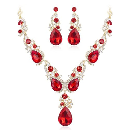 Women's Wedding Bridal Crystal Multi Teardrop Cluster Statement Necklace Dangle Earrings Set - color: Ruby Color Gold-Tone