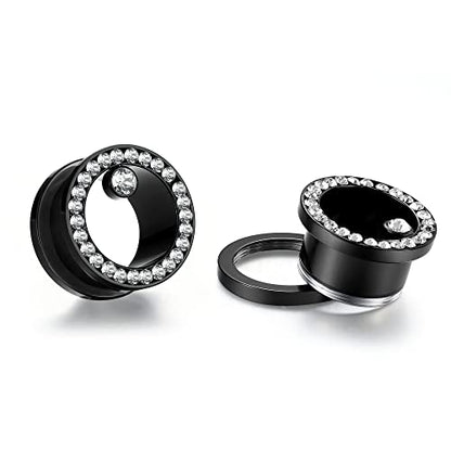 WBRWP 2pcs Hollow Gold Stainless Steel with Zircon Ear Plugs Tunnels - Ear Expander - Ear Gauges Stretcher Body Piercing Jewelry 8g-5/8 - color: 1pair with big zicron in black color