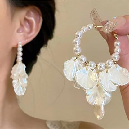 Seashell Pearl Stud Earrings for Women Ocean Sea Theme Sweet Double Layer Acrylic Shell Lightweight Dangle Drop Earrings for Summer Beach Holiday Halloween Party Jewelry Accessories - color: Pearl hoop earrings