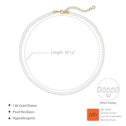 Zeffy Pearl Necklace 4MM/6MM/8MM Dainty Round Imitation Pearl Choker Necklace Wedding Pearl Necklace Delicate Jewelry for Women Simple Bridesmaid Jewelry Gifts - style: 4mm Gold Pearl Necklace(14"+2")