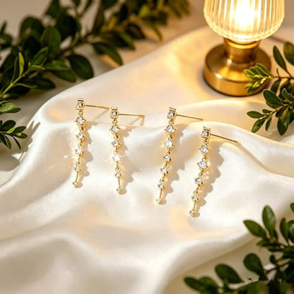 Rhinestone Earrings Dangling for Women Sparkly Silver Dangle Earrings Girls Long Chandelier Earrings Tassel Lightweight Ear Studs Cubic Zirconia (KE001S-W) - color: A-2 pair gold YE01GL