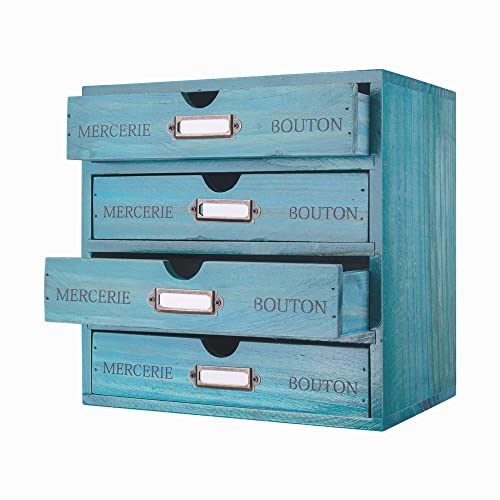 Small Wooden Drawers Wooden Box with Drawer Blue | 4 Drawer Storage Box for Apothecary Cabinet, Apothecary Drawers，Desktop Organizer with Metal Handles for Office，Home - color: BLUE-SMALL
