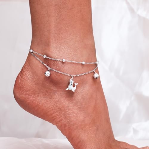 CHIC & ARTSY 925 Sterling Silver Ankle Bracelets for Women, Adjustable Layered Foot Chains with Nature & Symbol Charms, Lightweight Comfort Fit Boho Beach Everyday Jewelry - color: 1# Dolphins Anklet