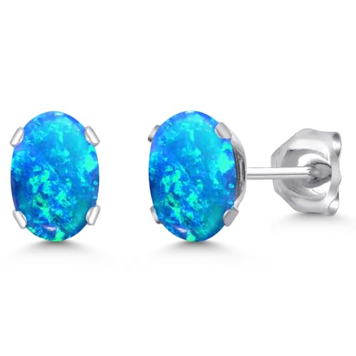 Gem Stone King Oval Gemstone Birthstone Stud Earrings for Women Men | Oval Cut 7X5MM | Fine Jewelry Gifts for Mom Dad Wife Him Her - style: Blue Simulated Opal-Cabochon, October
