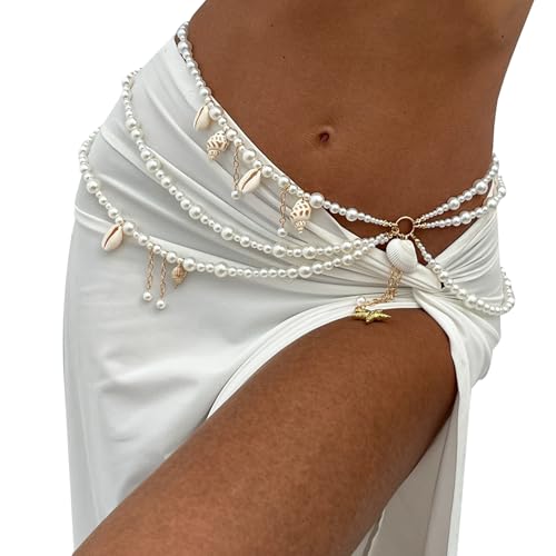 Sexy Multi-layered Starfish Pearl Pendant Waist Chain,White Pearl Tassel Hip Belly Body Chain,Festival Rave Beaded Waist Belt,Summer Shell Conch Body Jewelry for Women