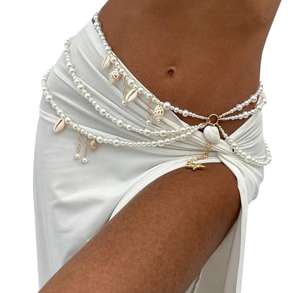Sexy Multi-layered Starfish Pearl Pendant Waist Chain,White Pearl Tassel Hip Belly Body Chain,Festival Rave Beaded Waist Belt,Summer Shell Conch Body Jewelry for Women