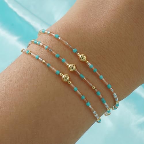 Colorful Gold Beaded Bracelets for Women Boho Tiny Gold Plated Ball Stretch Stackable Small Seed Beads Bracelet Stack Trendy Jewelry Set Dainty Vacation Friendship Christmas Gifts for Women - color: Green