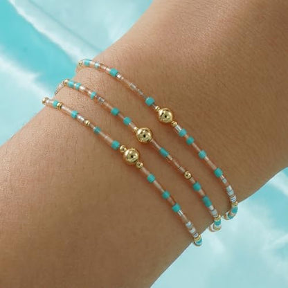 Colorful Gold Beaded Bracelets for Women Boho Tiny Gold Plated Ball Stretch Stackable Small Seed Beads Bracelet Stack Trendy Jewelry Set Dainty Vacation Friendship Christmas Gifts for Women - color: Green