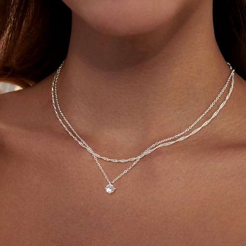 Zeffy Diamond Necklaces for Women, Dainty Gold Necklace 18k Gold Plated Layered Necklaces Simple Gold CZ Diamond Pendant Necklaces for Women Trendy Jewelry Gifts for Girls - color: Silver CZ Layered Necklace