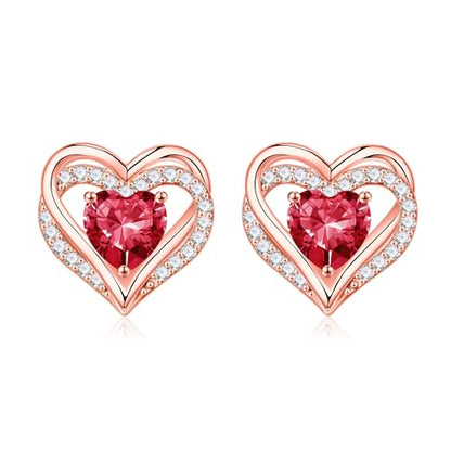 Iefil Birthstone Earrings for Women - 925 Sterling Silver Heart Stud Earrings Birthday Gifts for Women - color: Rose-Gold-Plated-07-Jul-Created Ruby