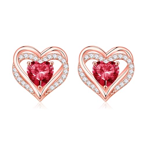Iefil Birthstone Earrings for Women - 925 Sterling Silver Heart Stud Earrings Birthday Gifts for Women - color: Rose-Gold-Plated-07-Jul-Created Ruby