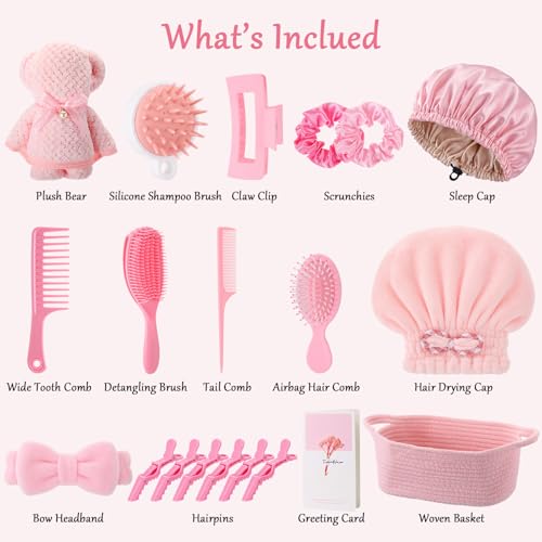20 Pcs Gift Basket for Women Hair Care Pack Includes Self Care Beauty Set Hair brush Set for Women, Mom Friend Sister Wife Grandma Girlfriend Daughter(Pink) - color: Pink