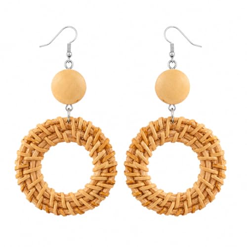 Handmade Rattan Teardrop Dangle Earrings for Women, Lightweight Boho Woven Statement Earrings with Gold Fish Hook, Natural Straw Weave Vacation Jewelry for Summer Beach - style: Natural Rattan Dangle