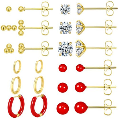 12 Pairs Stud & Hoop Earrings Set for Women 2-5mm Colorful Ball & Cubic Zirconia Stud earrings 8/10/12mm Hoop Earrings Hypoallergenic Stainless Steel Jewelry Gift Collection - color: Red