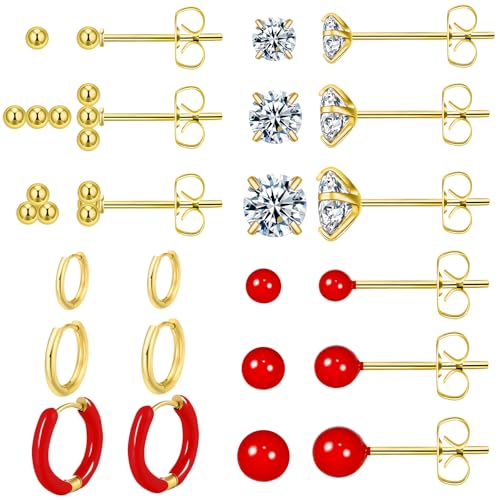12 Pairs Stud & Hoop Earrings Set for Women 2-5mm Colorful Ball & Cubic Zirconia Stud earrings 8/10/12mm Hoop Earrings Hypoallergenic Stainless Steel Jewelry Gift Collection - color: Red