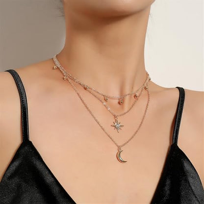 Layered Moon Star Crystal Necklace Gold Silver Plated Boho Charm Crescent Lucky Stars Small Bell Tassel Sparkly Rhinestone Cubic Zirconia Chain Necklace for Women Christmas Birthday Trendy Jewelry Gifts - color: Gold necklace