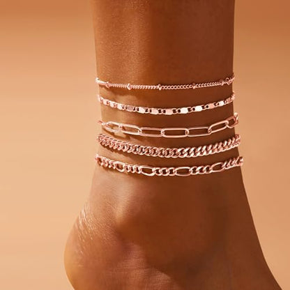 Gokeey Ankle Bracelets for Women Waterproof, 14k Gold Plated Jewelry Set Layered Cuban Figaro Link Chain Anklets Set Gold Anklets Summer Boho Beach Jewelry Gift Adjustable Size - color: Rose Gold