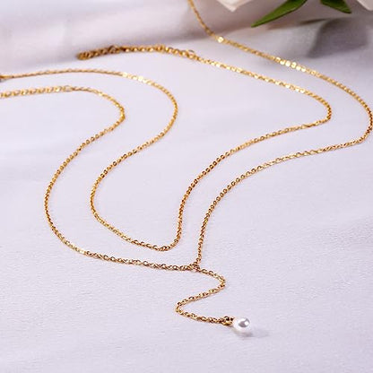 2 PCS Layered Long Gold Necklace Set for Women 18K Gold Plated Dainty Lariat Y Necklaces