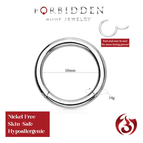 Forbidden Body Jewelry 316L Surgical Steel Hinged Seamless Nose Rings Hoop 14G 16G 18G, Diameter 6mm 8mm 10mm 12mm, Gold/Rose Gold/Silver/Black/Rainbow Colors. - style: 14g 10mm - Silver