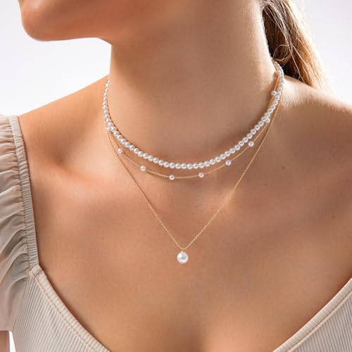 Zeffy Gold Pearl Necklace for Women, Dainty 14K Gold/Silve Plated Layered Pearl Choker Pearl Earrings Pearl Bracelets Wedding Trendy Gold Jewelry Set for Women Gifts - style: Gold Pearl Necklace-3PCS