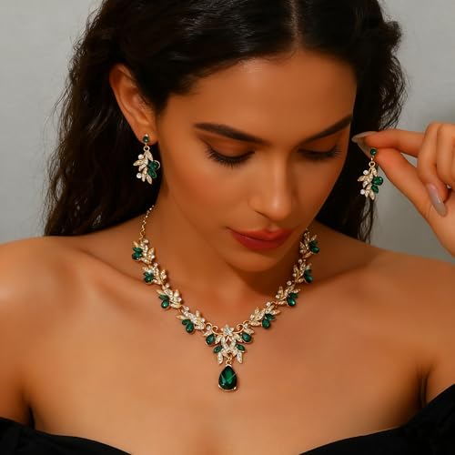 CJIAYUJEW Cubic Zirconia Wedding Jewelry Sets for Bride Bridesmaid Cluster Crystal Teardrop Pendants Jewelry Set Necklace Earring for Brides Bridesmaid for Wedding Party - color: Green