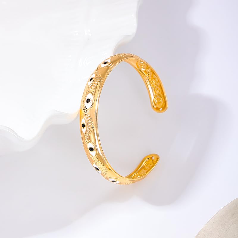 Evil Eye Bracelet, Chunky Gold Bangle Silver Boho Bracelets Open Bohemian Trendy Statement Adjustable Stainless Steel For Women Jewelry Gifts - color: Gold White Eye