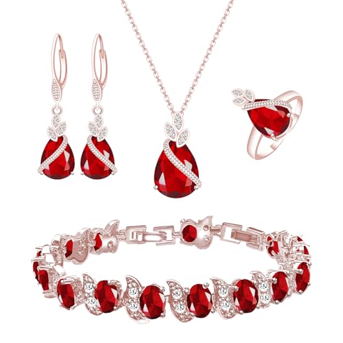 GZWHD Jewelry Set for Women CZ Earrings Necklace Ring Bracelet Set Prom Party Wedding Jewelry Gift for Mother Friend Wife - color: A-Rose Gold-Ruby