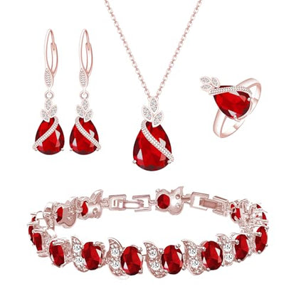 GZWHD Jewelry Set for Women CZ Earrings Necklace Ring Bracelet Set Prom Party Wedding Jewelry Gift for Mother Friend Wife - color: A-Rose Gold-Ruby