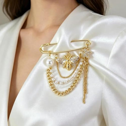 Gold Dainty Bee Chain Layered Tassel Brooch Pin for Women,Baroque Trendy Faux Pearl Beaded Statement Lapel Pin Fashion Delicate Jewelry Accessories