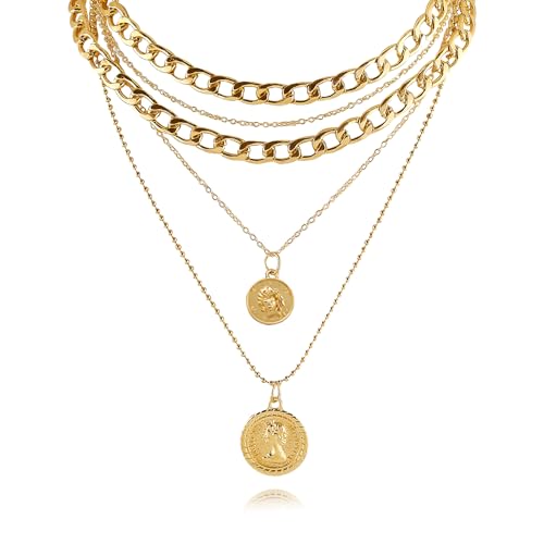 Todenb Layered Gold Pirate Necklace for Women Chunky Chain Pirate Jewelry 80s 90s Coin Pendant Necklace Pirate Costume Accessories - color: Two cir g